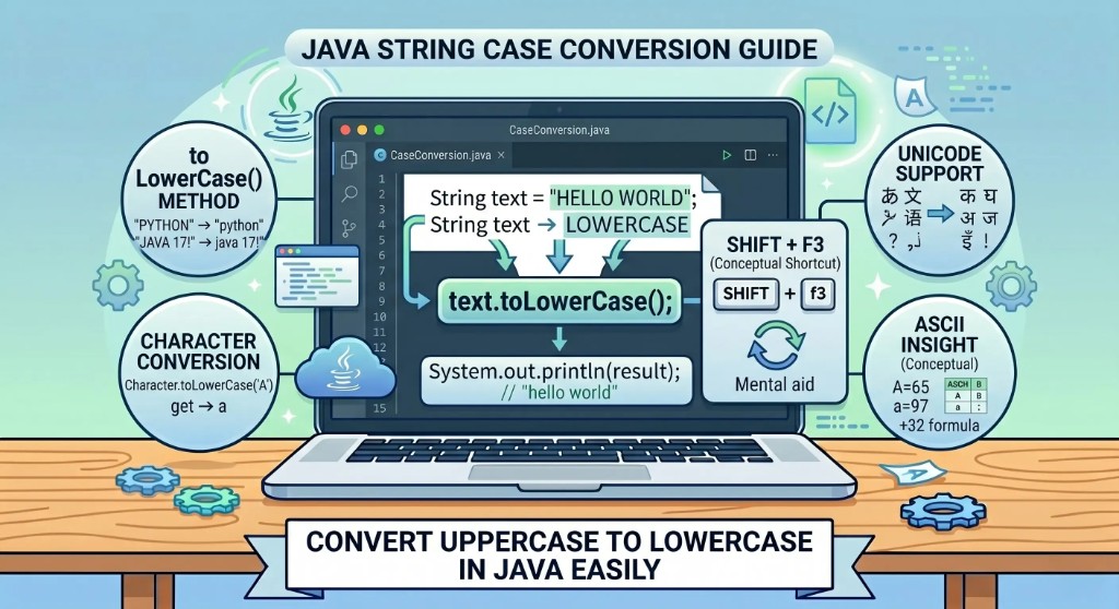 Java example demonstrating uppercase to lowercase conversion using toLowerCase method
