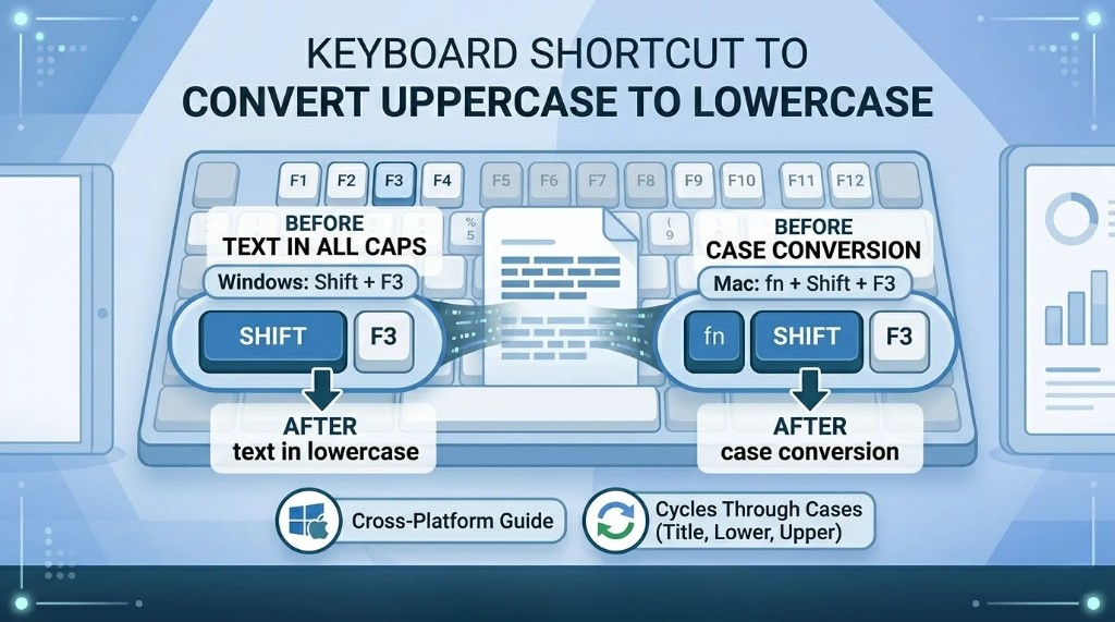 Keyboard shortcut guide showing how to convert uppercase to lowercase text on Windows and Mac using Shift + F3 and fn + Shift + F3 in word processing applications.