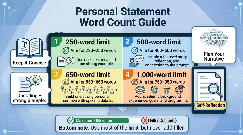 Infographic showing ideal personal statement word count targets for 250, 500, 650, and 1,000-word limits.