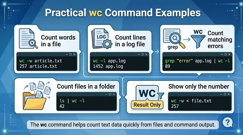 Practical wc command examples for counting words, lines, files, matching errors, and clean number output in Linux and Mac Terminal.