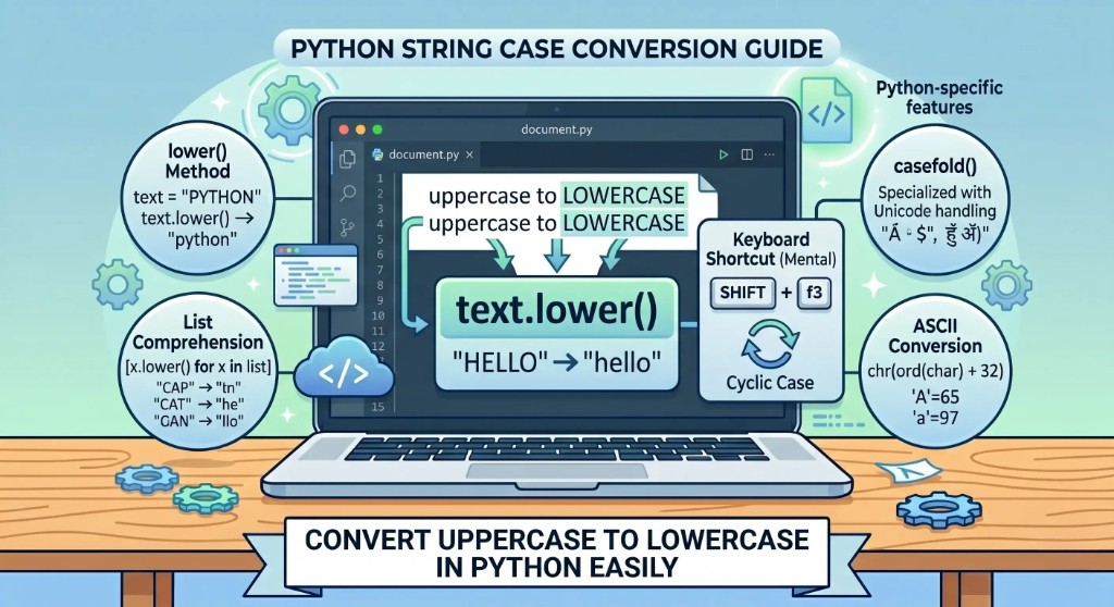 Python program example showing how to convert uppercase string to lowercase using lower function