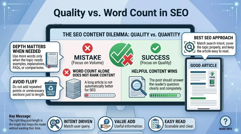 Infographic comparing content quality and word count for SEO, showing why useful content matters more than article length.