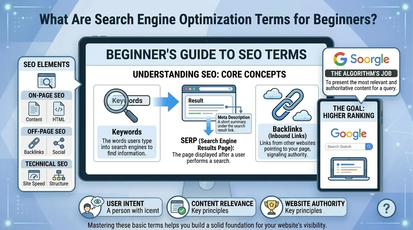 Search engine optimization terms for beginners, including keywords, SERP, meta descriptions, backlinks, on-page SEO, and technical SEO.