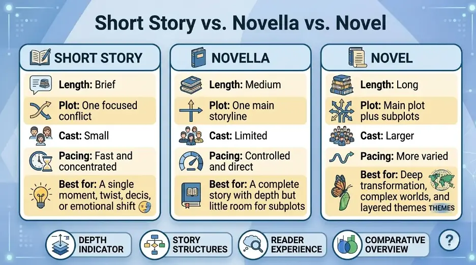 Infographic comparing short stories, novellas, and novels by length, plot complexity, cast size, pacing, and best uses.
