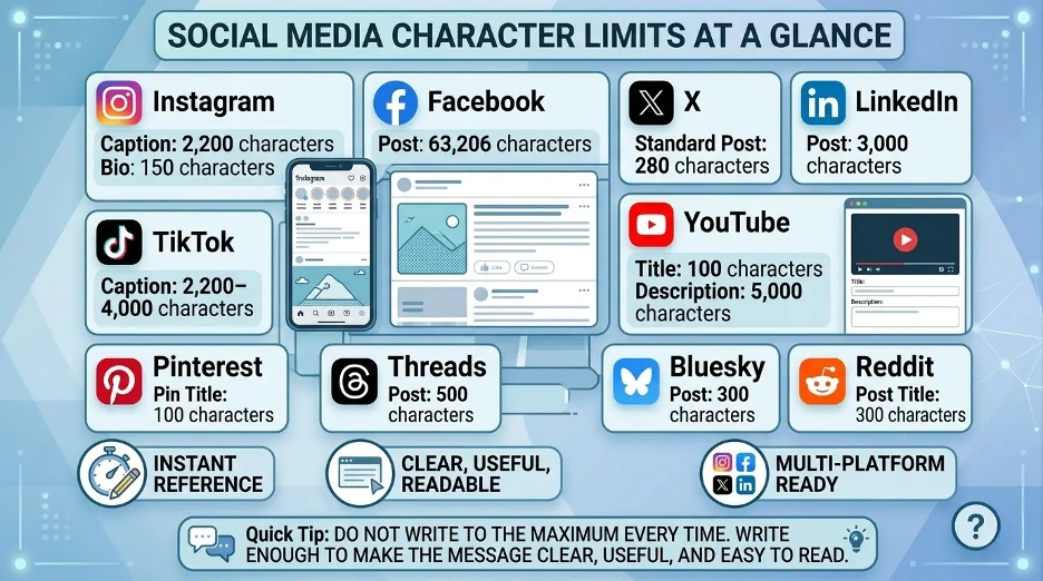 Infographic showing social media character limits for Instagram, Facebook, X, LinkedIn, TikTok, YouTube, Pinterest, Threads, Bluesky, Reddit, and Snapchat.