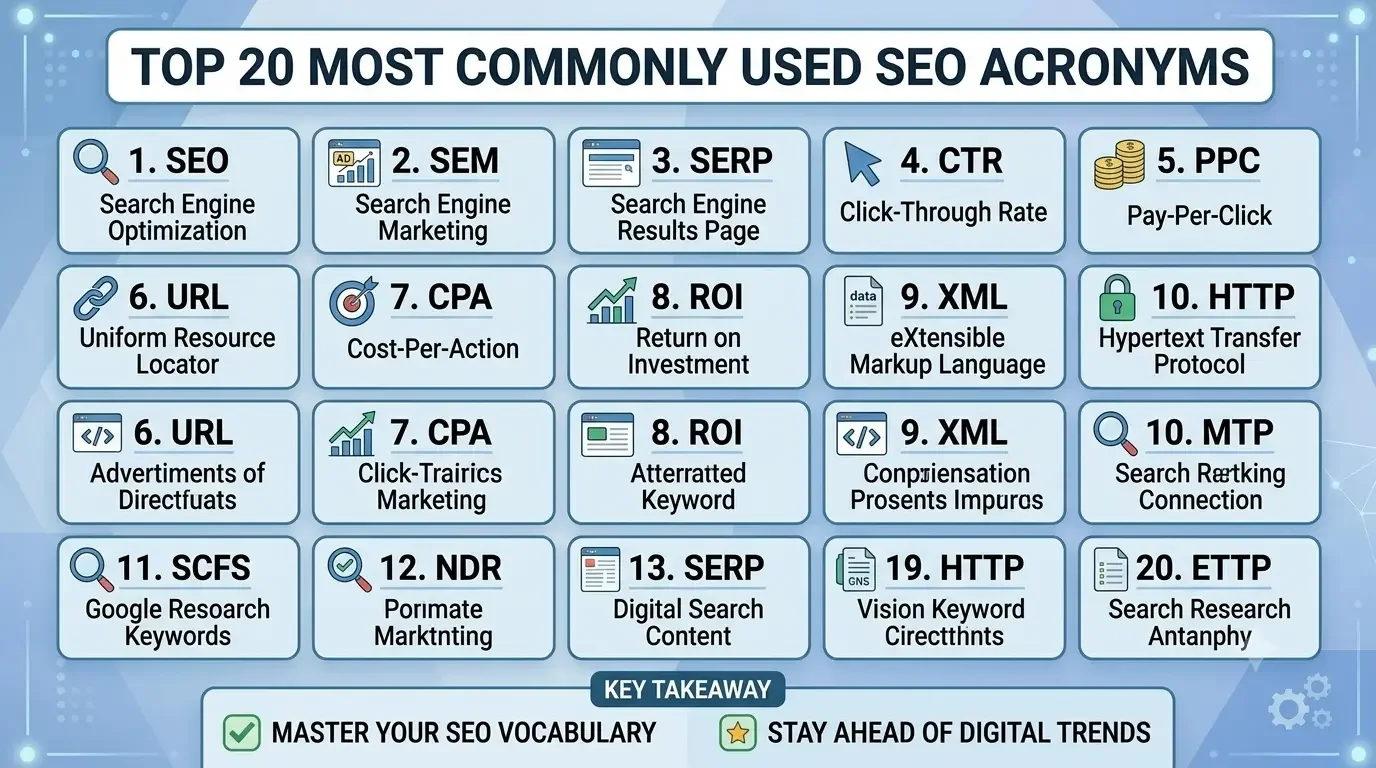 Top 20 commonly used SEO acronyms infographic featuring key search engine optimization terms for visibility, analytics, technical SEO, and content quality.