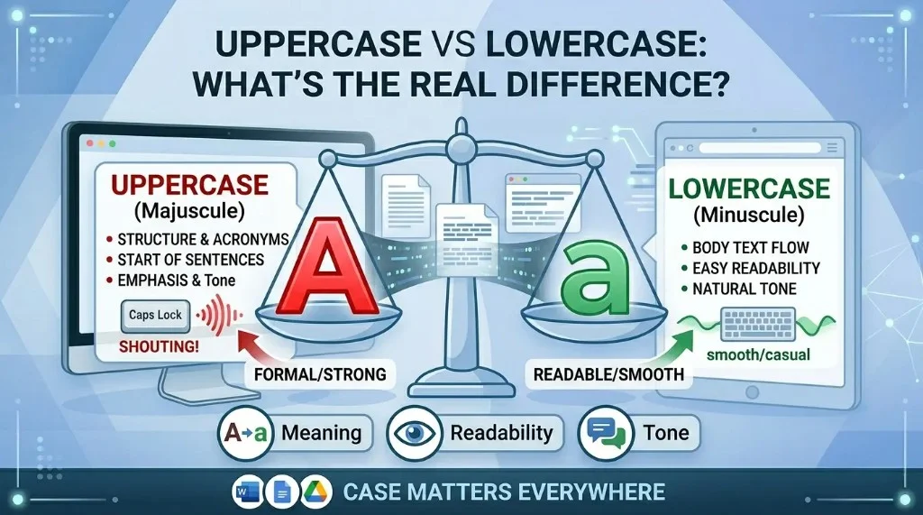 Comparison of uppercase and lowercase letters showing the real difference in text formatting