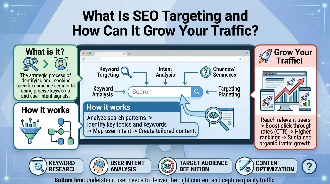 Infographic explaining what SEO targeting is and how keyword targeting, intent analysis, audience definition, and content optimization grow traffic.