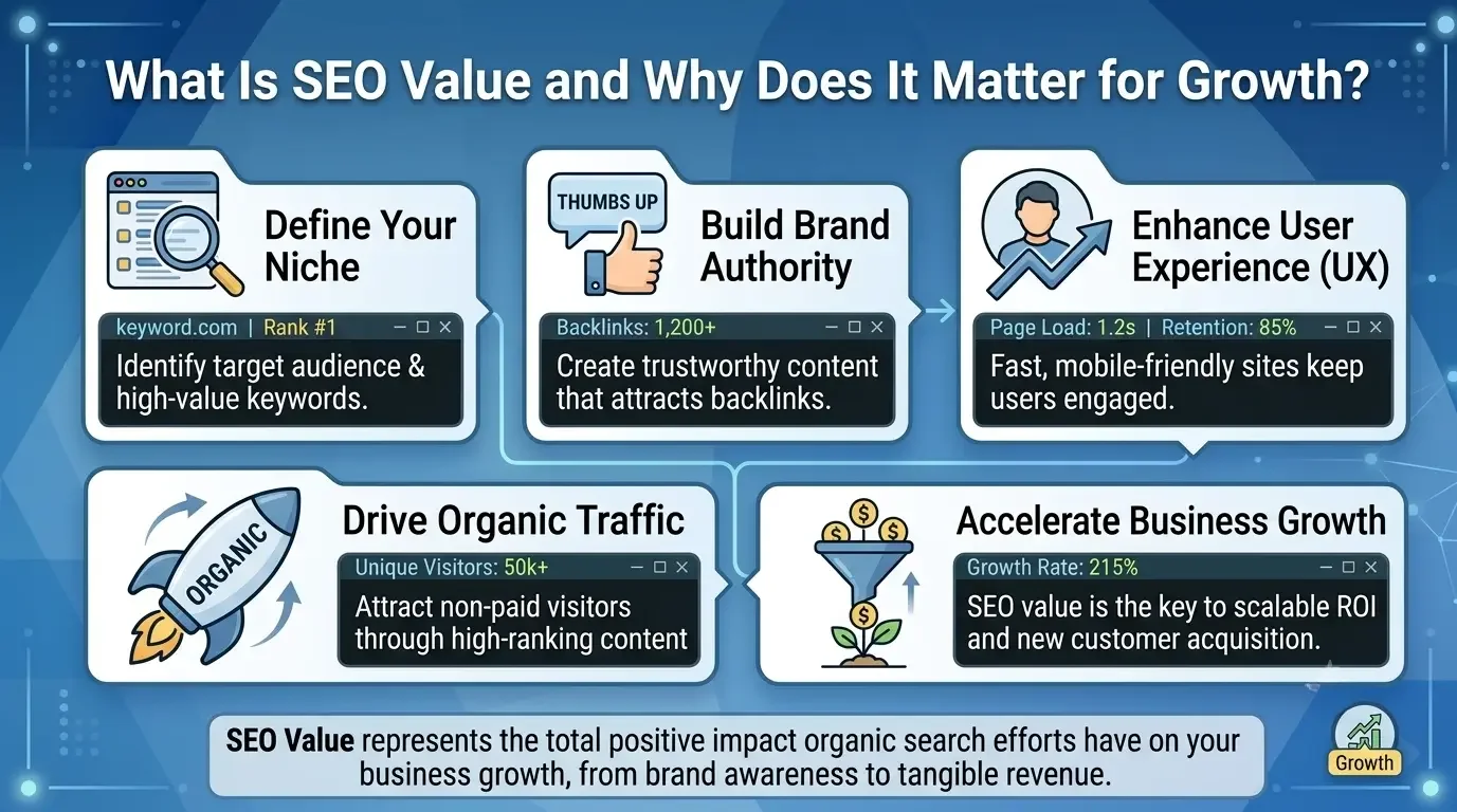 What is SEO value and why it matters for growth infographic showing niche targeting, brand authority, user experience, organic traffic, and business growth.