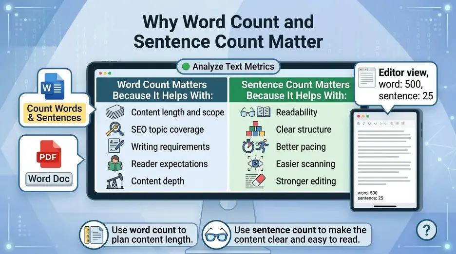 Infographic explaining why word count and sentence count matter for SEO, readability, writing goals, and content structure.