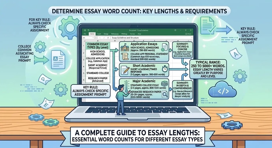 Word count guide showing how many words an essay should be for different essay types and academic levels