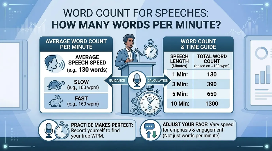 Word count for speeches guide showing how many words per minute to use for different speech lengths and speaking speeds