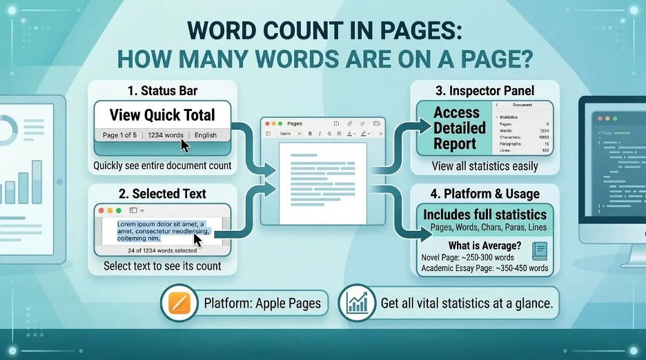 Infographic explaining word count in pages and showing how many words are on a single-spaced, double-spaced, handwritten, book, and business page