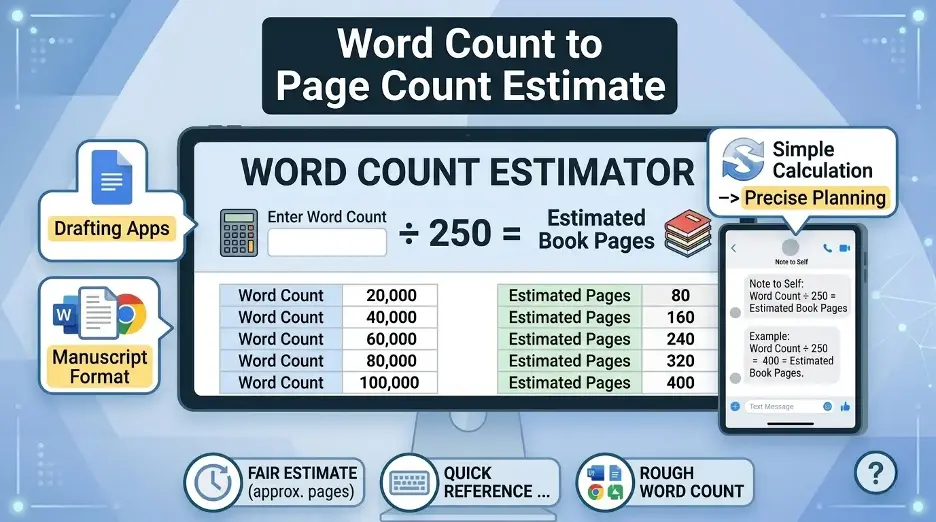 Infographic showing how to estimate book pages from word count using the 250 words per page formula.