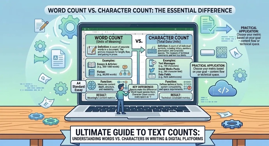 Comparison of word count and character count explaining the difference between words and individual characters in writing